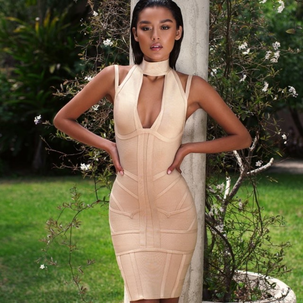 House Of CB Akilah Nude Deep V Bandage Dress- Size XS